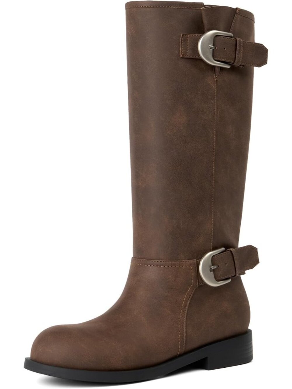🆕Women's Chocolate Knee High Boots Round Toe Low Block Heel Combat Tall Boots